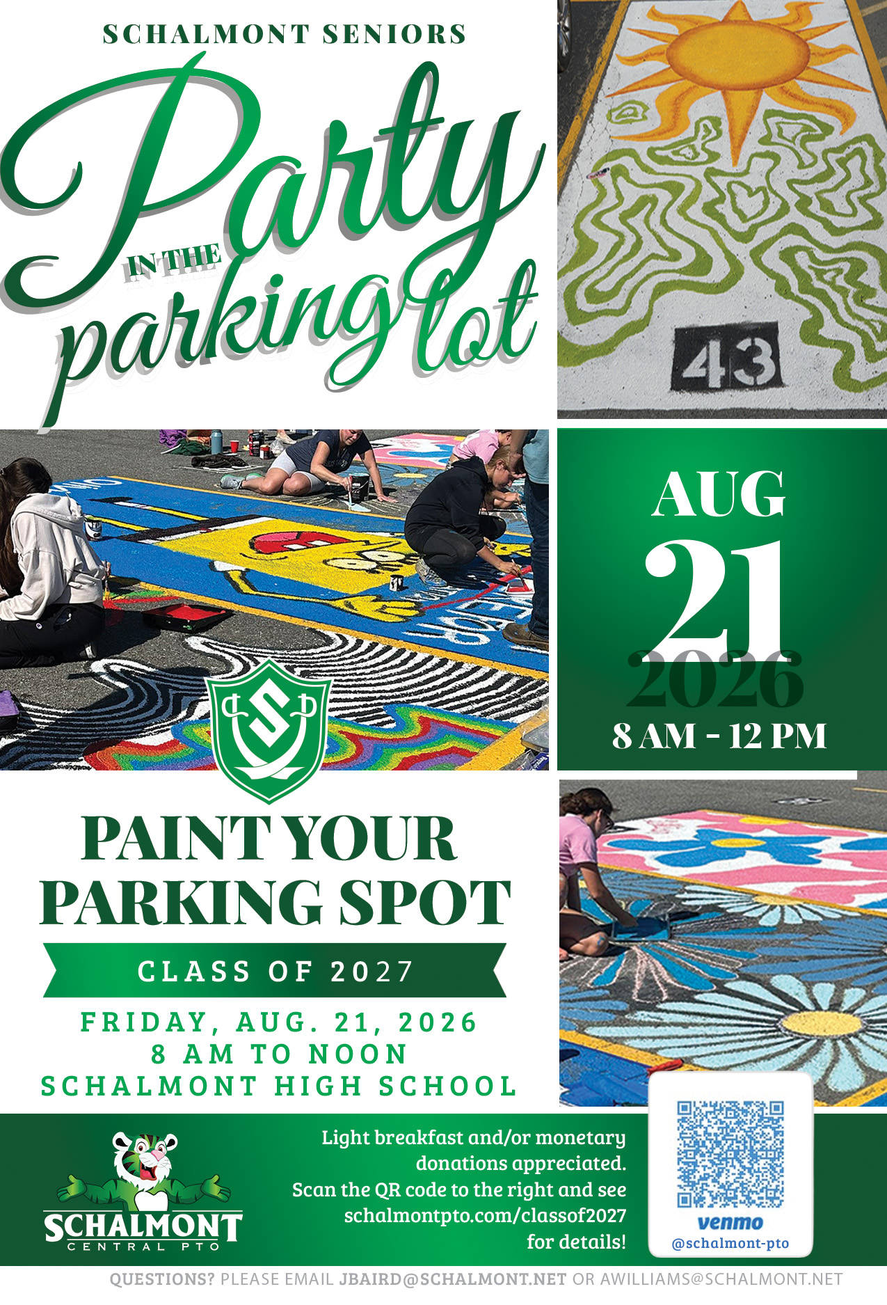 Schalmont Seniors Party in the Parking Lot — Paint Your Parking Spot, Class of 2027, Friday August 21 2026, 8 AM to Noon, Schalmont High School. Light breakfast and/or monetary donations appreciated.